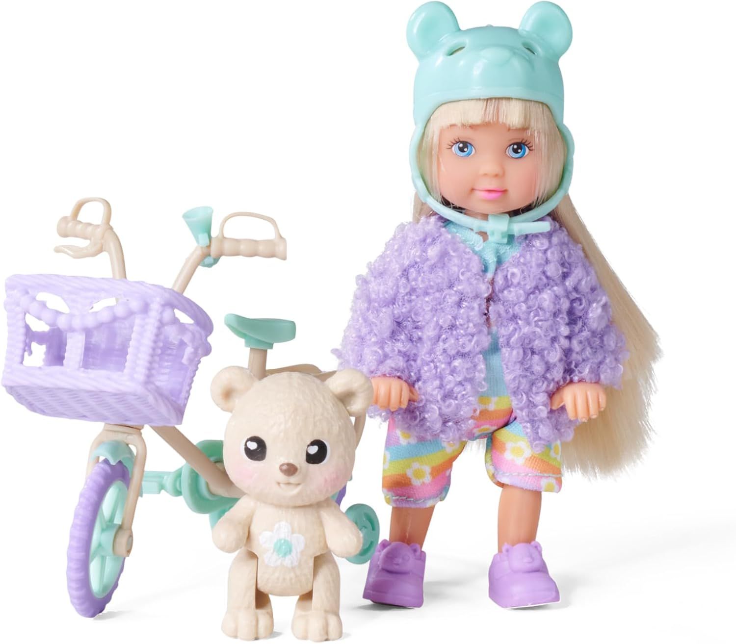 Evi Love Vélo Nounours - Mini Poupée de 12 cms en Balade - 3 Accessoires Inclus