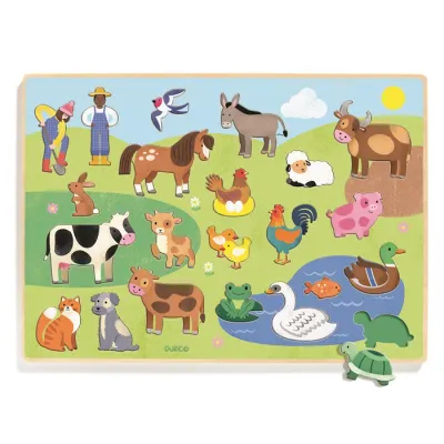 Djeco Puzzle en bois campo 22 pièces animaux de la ferme, vache, cheval, poule, cochon, âne