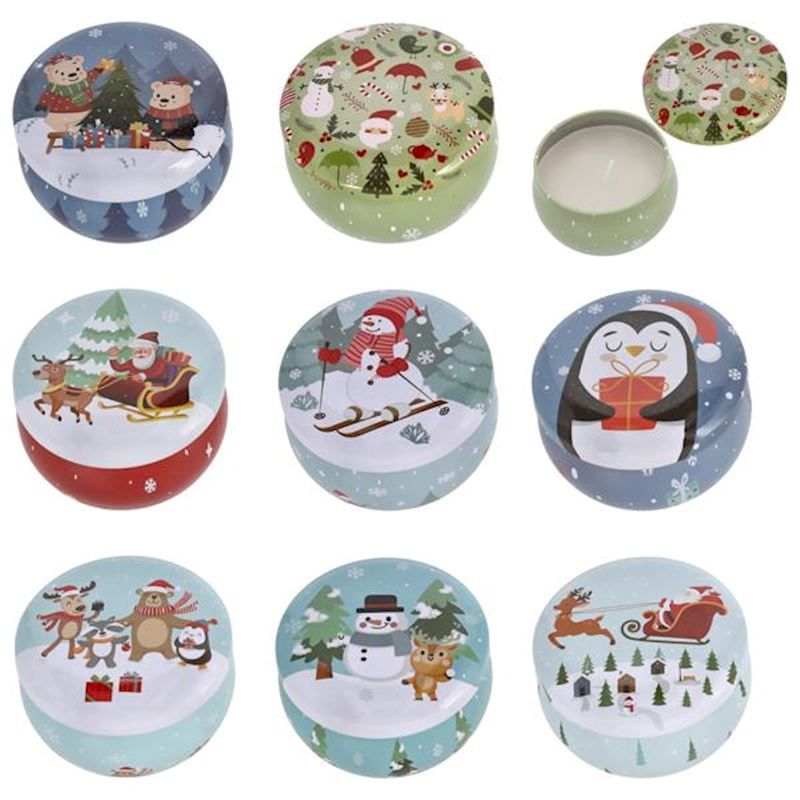Bougie de noël légèrement parfumée dans une jolie boîte en métal  6.5 cm