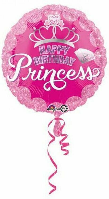 Ballon d'anniversaire métallique en alu,  Happy Birthday Princesse, à gonfler soit avec de l'air ou de l'hélium