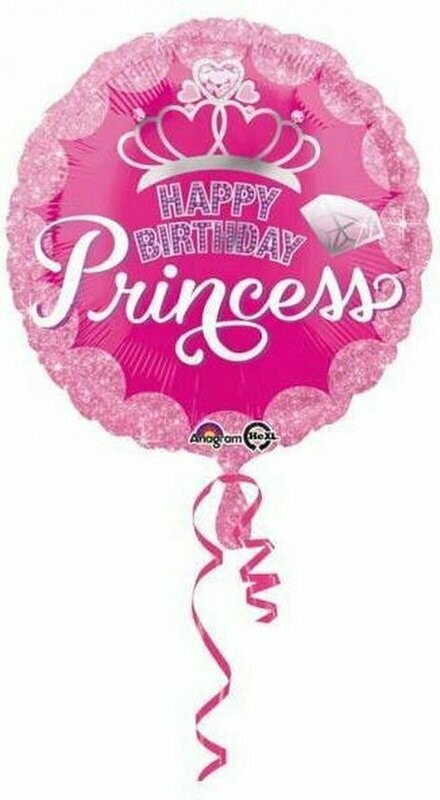 Ballon d'anniversaire métallique en alu,  Happy Birthday Princesse, à gonfler soit avec de l'air ou de l'hélium