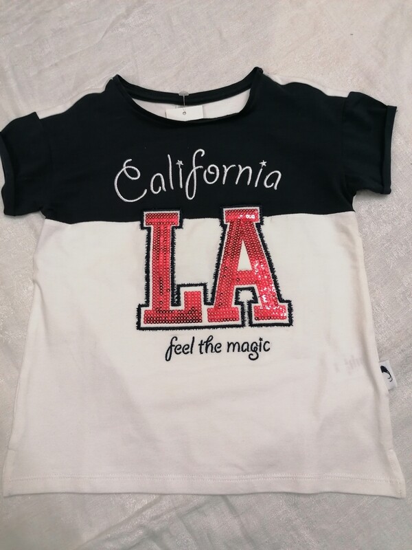T-shirt marine et blanc brodé California LA feel the magic avec sequins