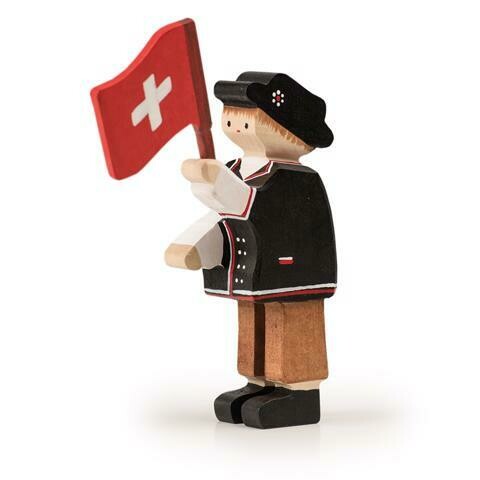 Lanceur de drapeau Suisse en bois Trauffer no 3043, avec costume traditionnelle, fabriqué en Suisse