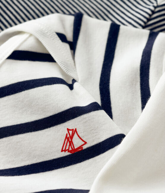 Lot de 3 bodys manches courtes, rayé marine, uni Petit Bateau
