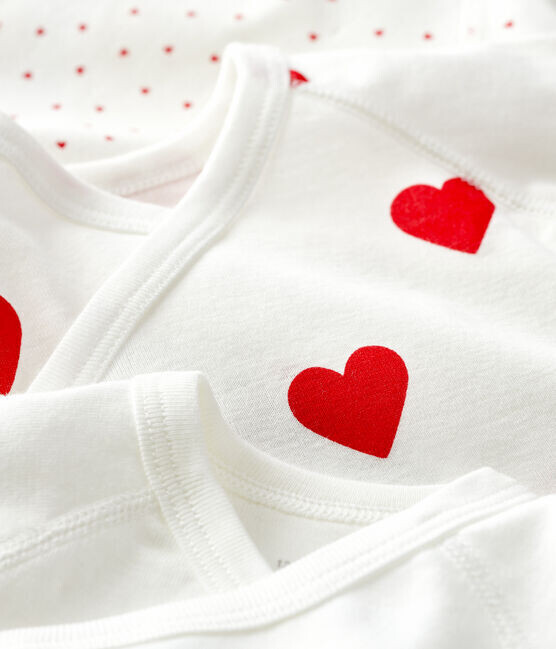 Lot de 3 bodys croisés, manches courtes, coeurs rouges, uni Petit Bateau