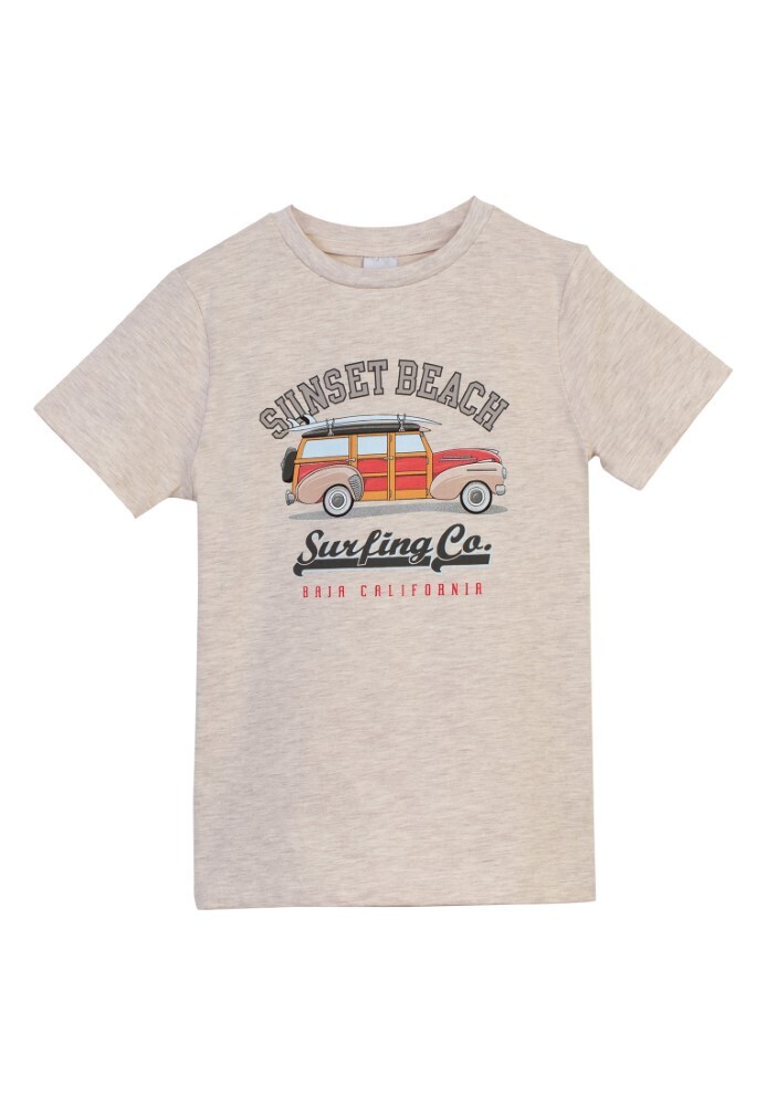 T-shirt beige chiné imprimé voiture rouge vintage, sunset beach