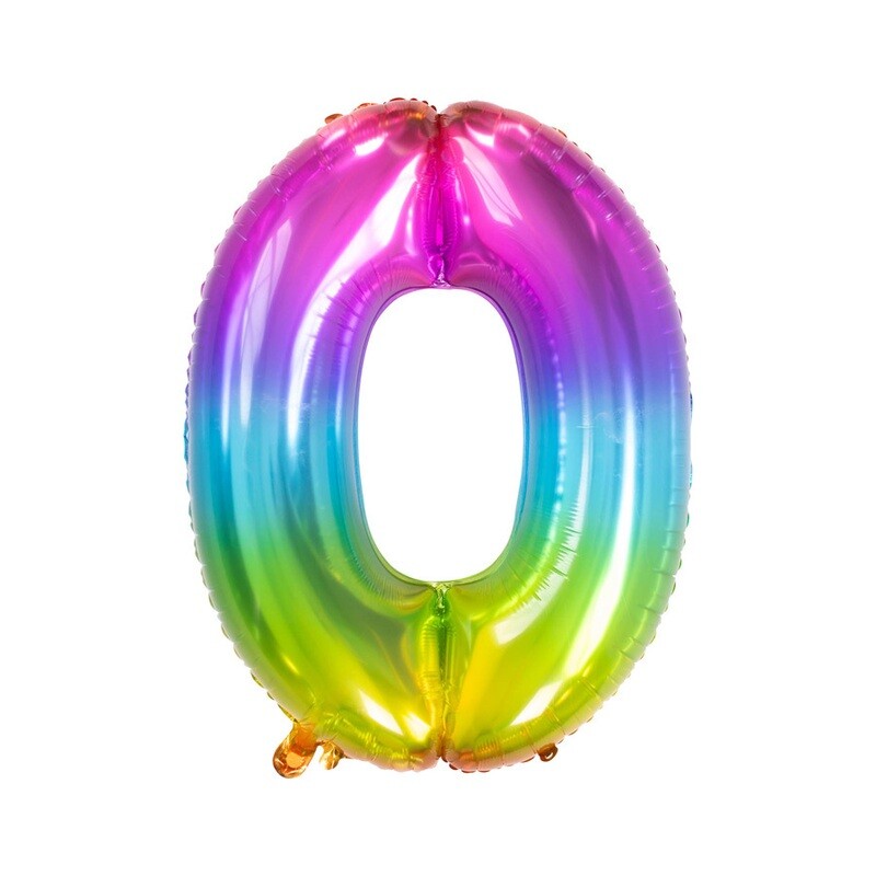 Ballon d'anniversaire chiffre 0 en alu couleur arc-en-ciel 81 cm, à gonfler soit avec de l'air ou de l'hélium