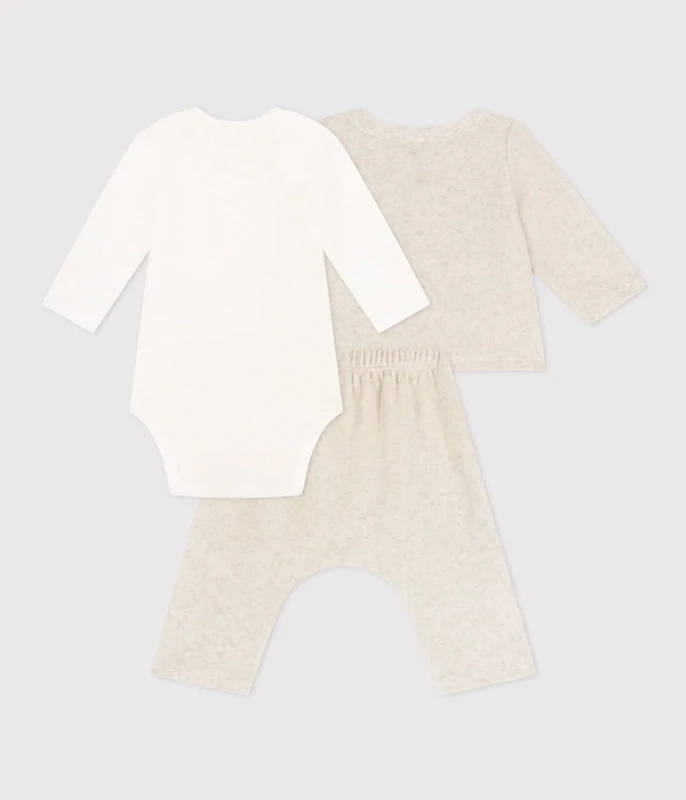 Ensemble cadeau, jaquette et pantalon comfort en velours beige et body manches longues bébé  Petit Bateau