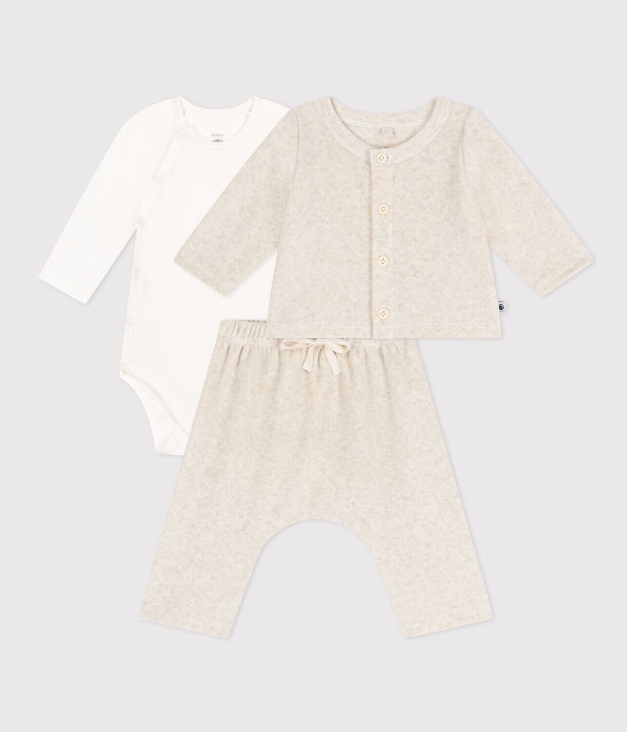 Ensemble cadeau, jaquette et pantalon comfort en velours beige et body manches longues bébé  Petit Bateau