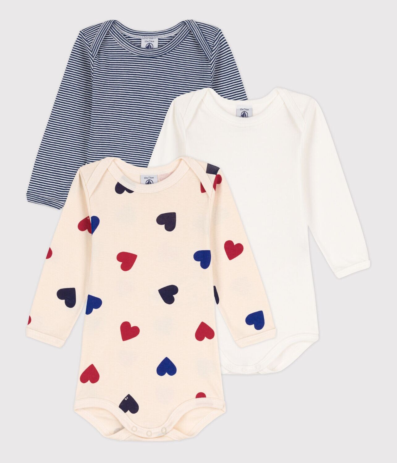 Lot de 3 bodies (body) manches longues cœur bébé en coton Petit Bateau