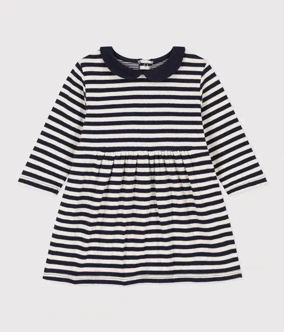 Robe manches longues en tubique rayée marine bébé Petit Bateau