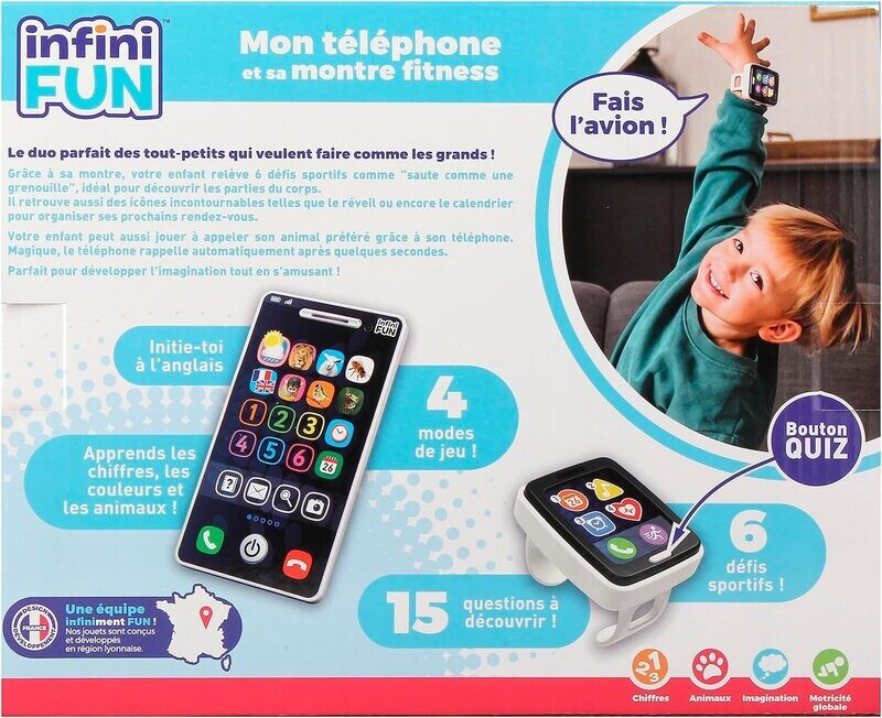 Infini Fun - Mon téléphone et sa montre fitness - La première montre fitness &amp; téléphone bilingue Français/Anglais d’imitation pour les tout-petits - Jouet d'imitation multi-apprentissages dès 18 mois