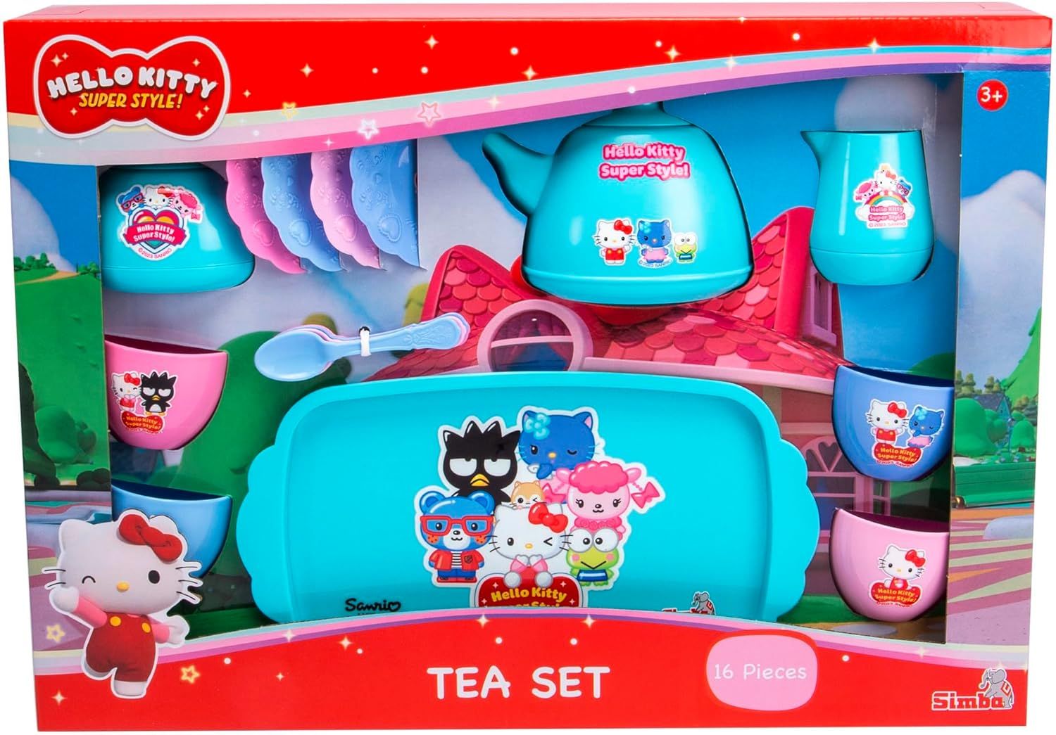 Dinette Hello Kitty Service à thé 16 pièces avec théière, 4 Tasses, 4 soucoupes, sucrier, Pot à Lait, Plateau, 4 cuillères, à partir de 3 Ans (dinette)