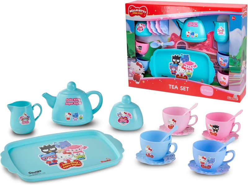 Dinette Hello Kitty Service à thé 16 pièces avec théière, 4 Tasses, 4 soucoupes, sucrier, Pot à Lait, Plateau, 4 cuillères, à partir de 3 Ans (dinette)