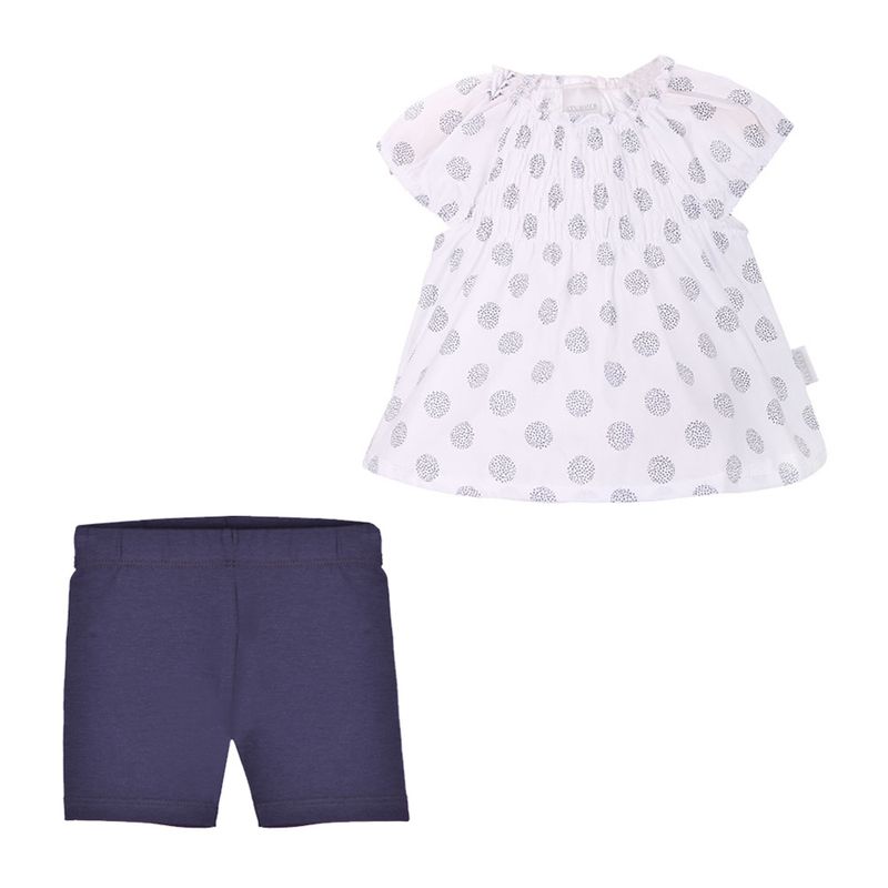 Ensemble d'été en coton, blouse blanche smockée en popeline à pois et short marine en jersey