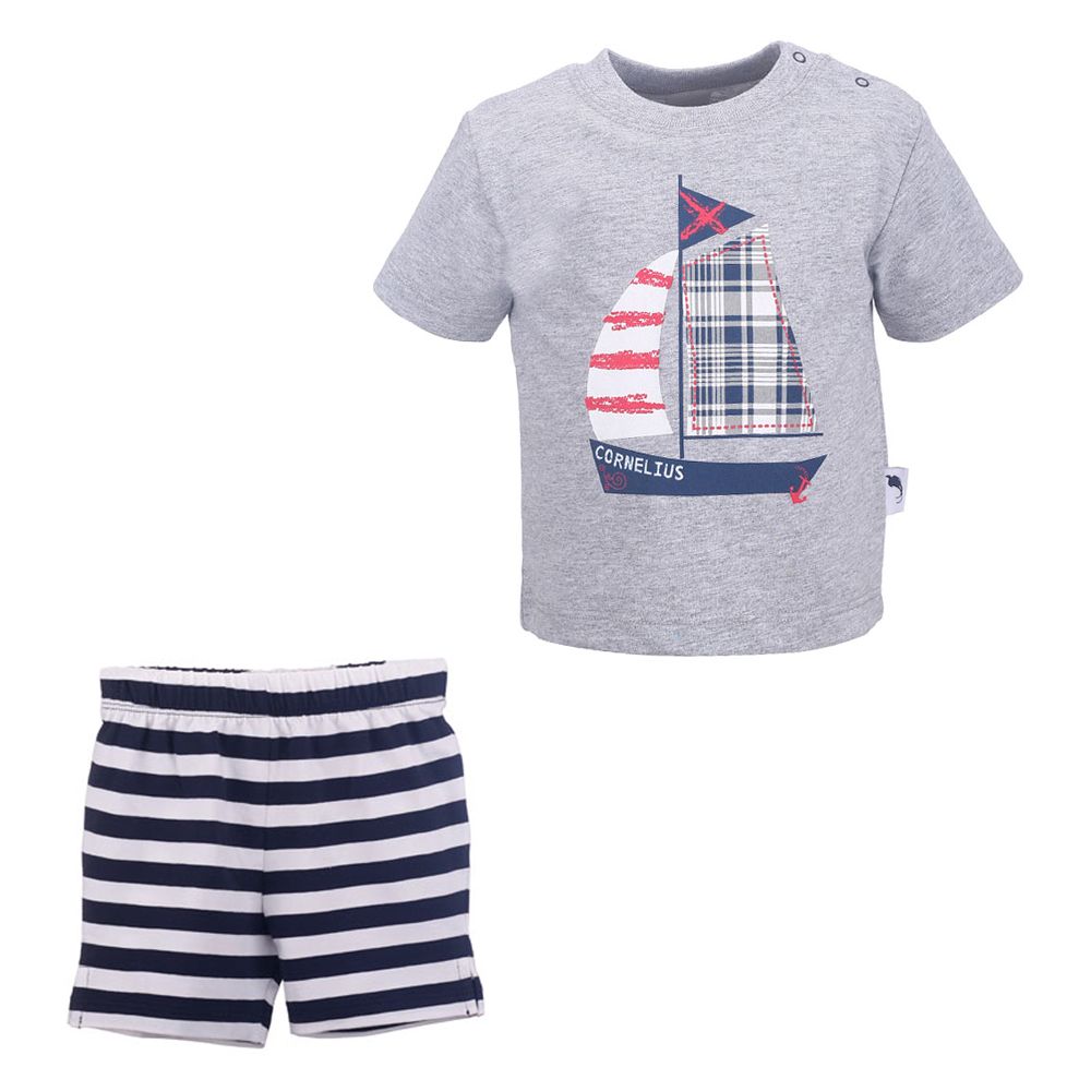 Ensemble d'été en jersey coton, t-shirt gris imprimé bateau et short rayé marine