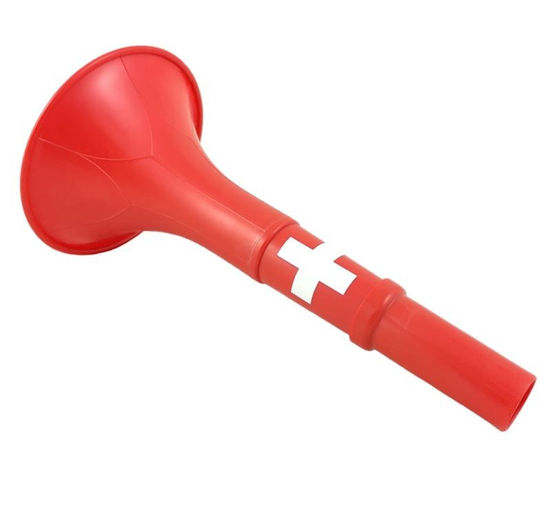 Vuvuzela trompette Suisse rouge 17 cm. pour les fans de foot, hockey, etc.