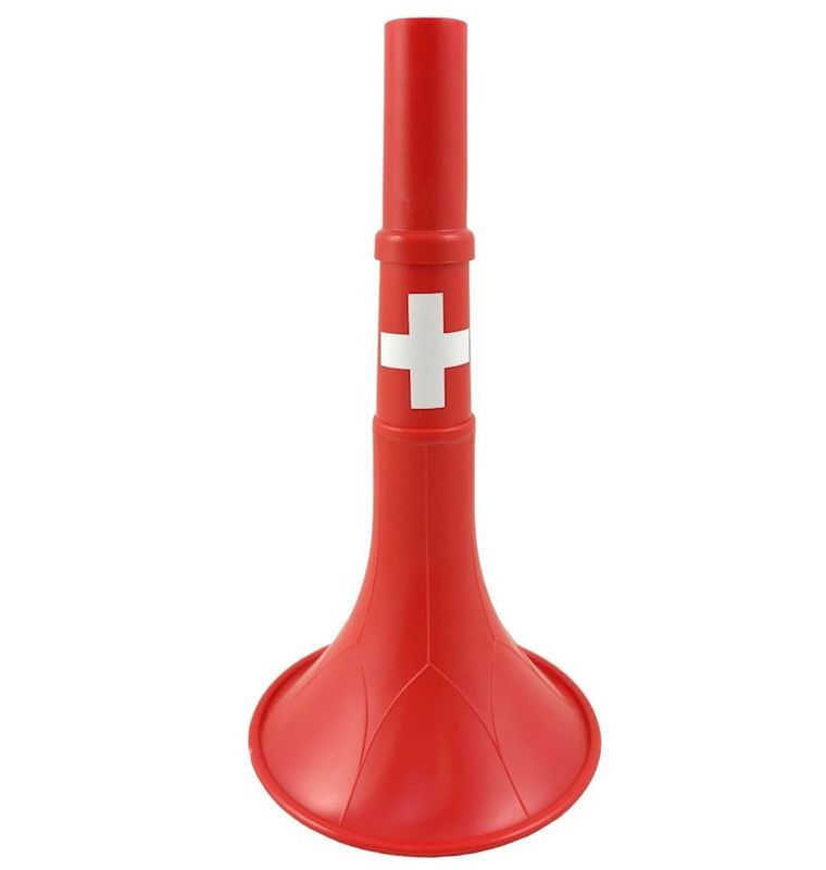 Vuvuzela trompette Suisse rouge 17 cm. pour les fans de foot, hockey, etc.