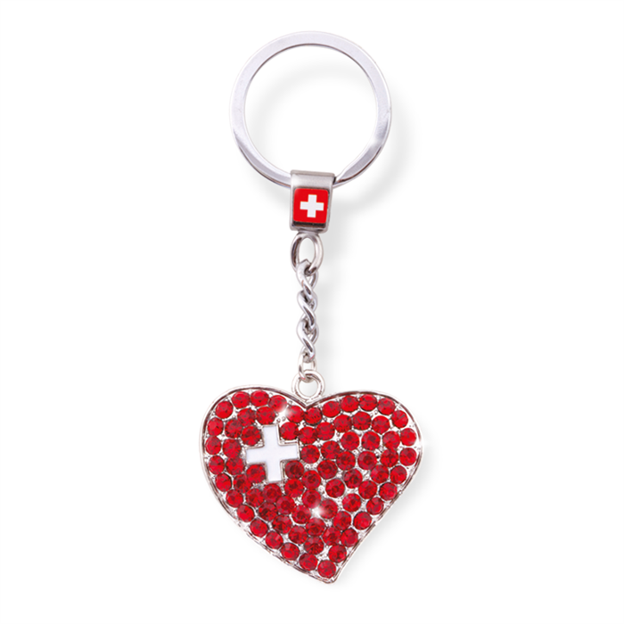 Porte-clés Suisse en forme de coeur, avec des strass