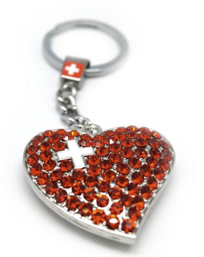 Porte-clés Suisse en forme de coeur, avec des strass