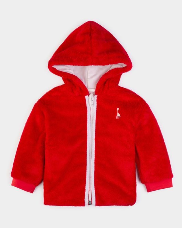 Veste jaquette en teddy rouge doublé coton avec capuchon Sophie la Girafe