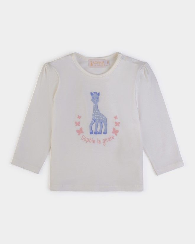 Pull écru avec Sophie la Girafe sérigraphié bleu avec papillons roses