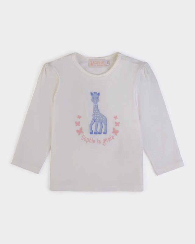 Pull écru avec Sophie la Girafe sérigraphié bleu avec papillons roses