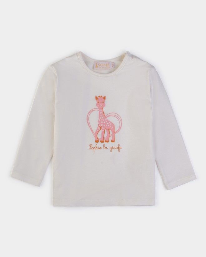 Pull écru avec Sophie la Girafe sérigraphié rose dans un coeur