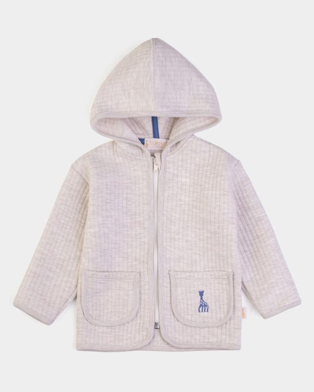 Veste jaquette écru chiné avec capuchon et poches brodé Sophie la Girafe