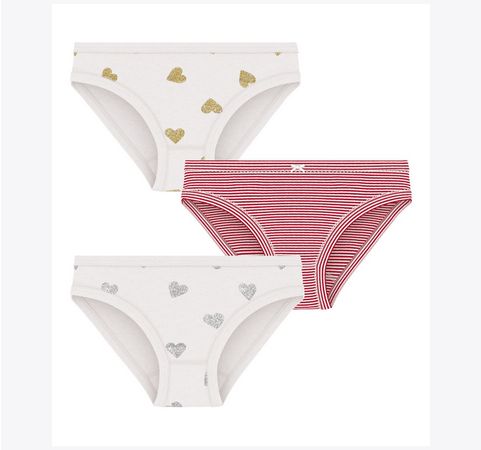 Petit Bateau Lot de 3 culottes (slips) imprimés coeurs à paillettes et milleraies