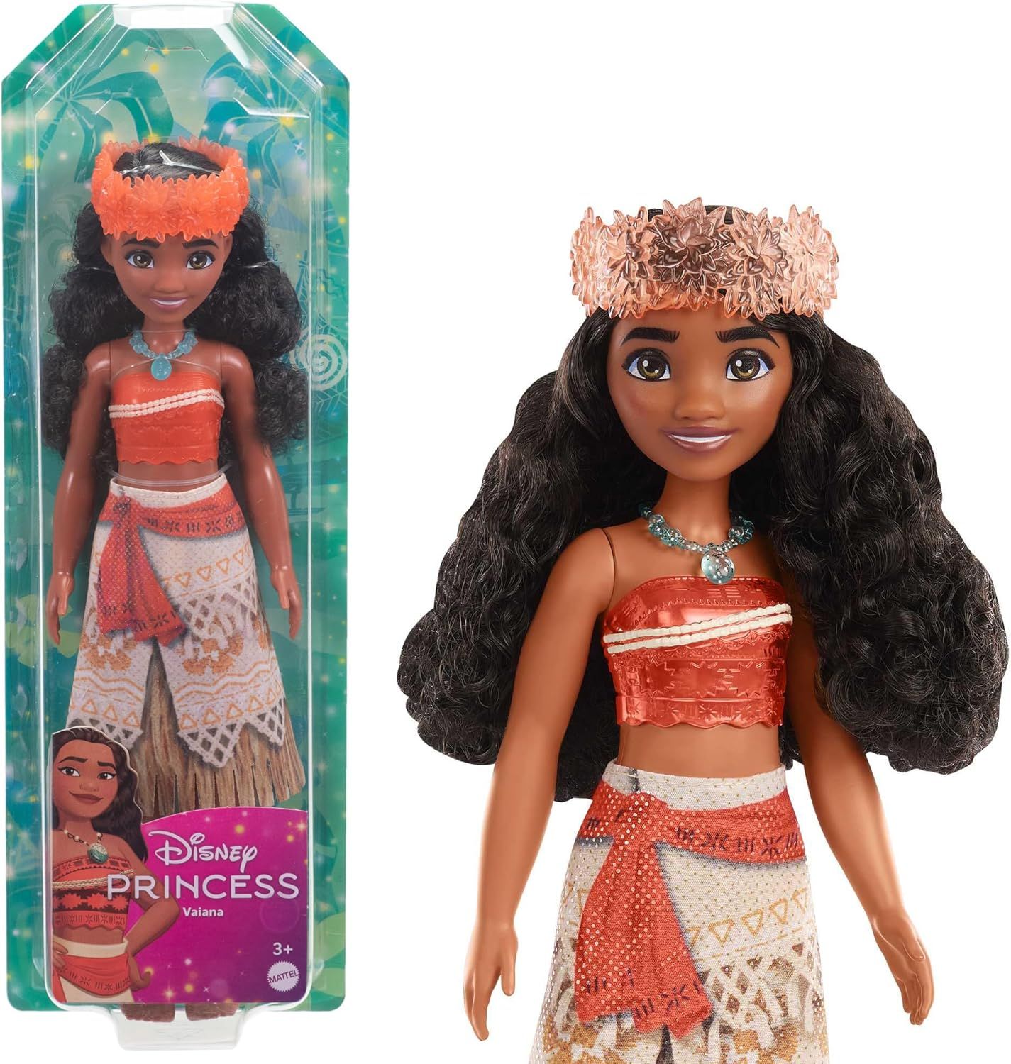Mattel Princesses Disney Poupée Vaiana articulée avec tenue scintillante et accessoires dont serre-tête et collier