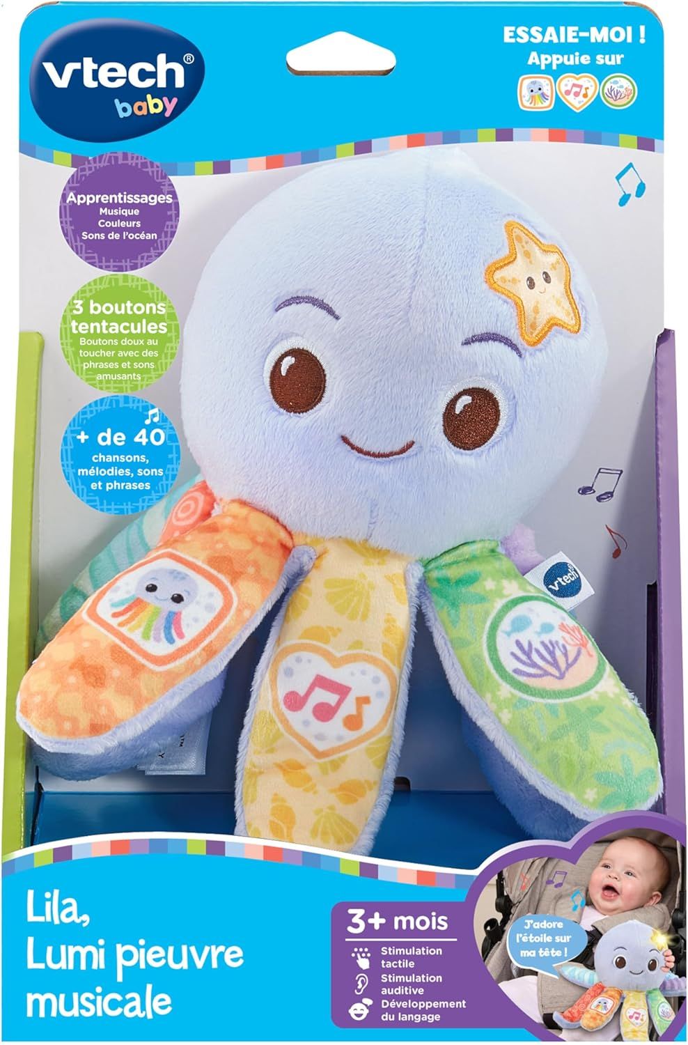 VTech - Lila, Lumi Pieuvre Musicale, Peluche à Câliner Interactive et Musicale, Jouet d'Éveil Sensoriel, Chansons et Sons de l'Océan