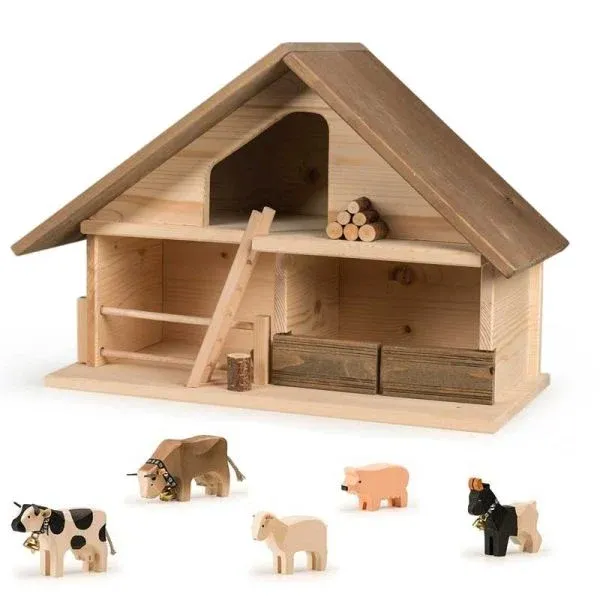 Ferme en Bois Trauffer, toit brun, 100% Suisse, Jouet Durable Enfant dès 2 ans, Qualité Suisse, fabriqué en Suisse