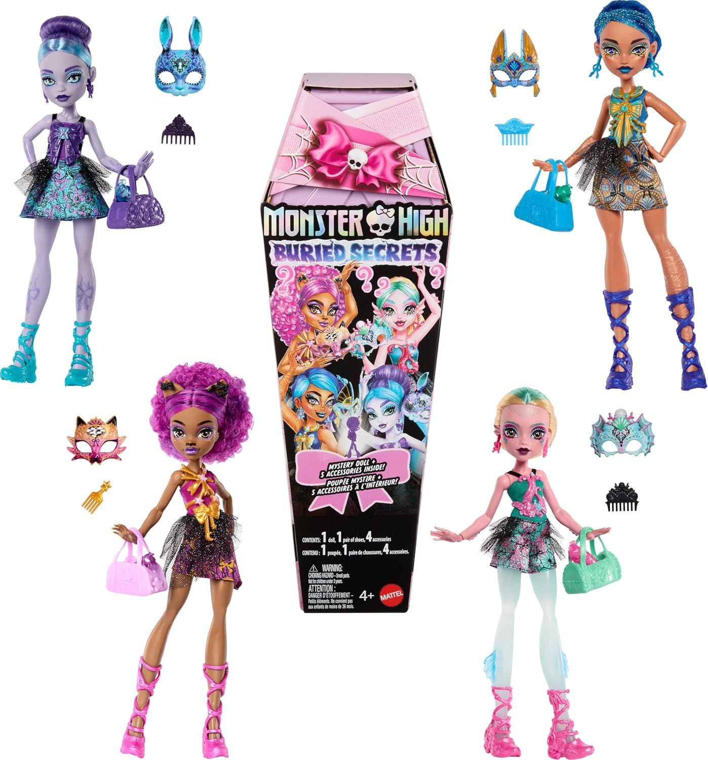 Monster High Secrets Enfouis Coffret poupée et accessoires, thème Soirée pyjama terrifiante, 1 poupée mystère et 5 surprises (les personnages peuvent varier)
