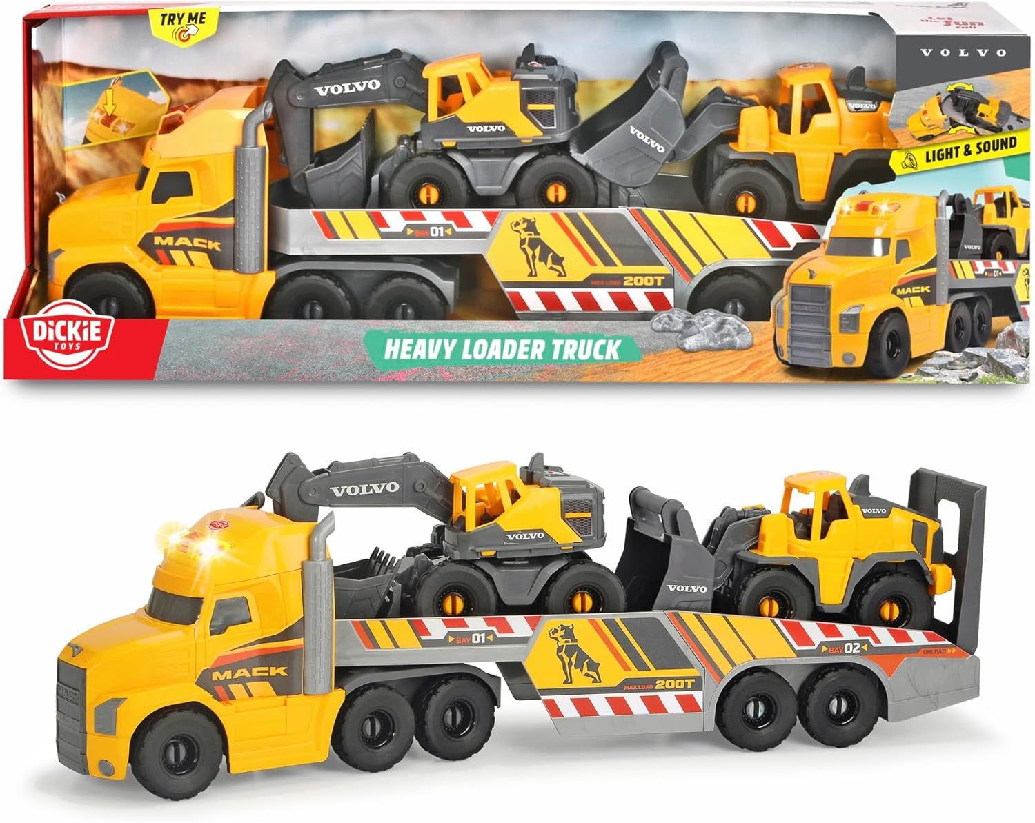 Dickie Toys Volvo Heavy Mack Truck Grand Camion avec 2 véhicules Volvo sur remorque, Pelleteuse et Chargeur sur pneus, Lumière et Son Piles incluses 70 cm Jaune
