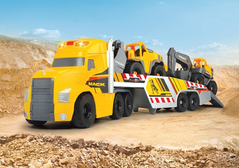 Dickie Toys Volvo Heavy Mack Truck Grand Camion avec 2 véhicules Volvo sur remorque, Pelleteuse et Chargeur sur pneus, Lumière et Son Piles incluses 70 cm Jaune