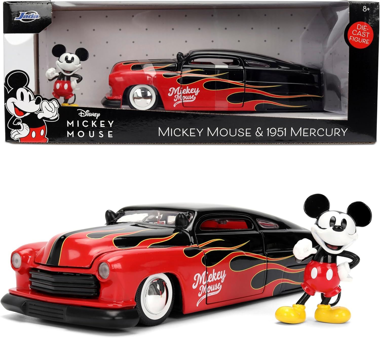 Jada Disney Vintage Mickey – Mercury 1951 – Hollywood Rides Die Cast Car Toys – Flame Design – Figurine Mickey – Édition Collector voiture