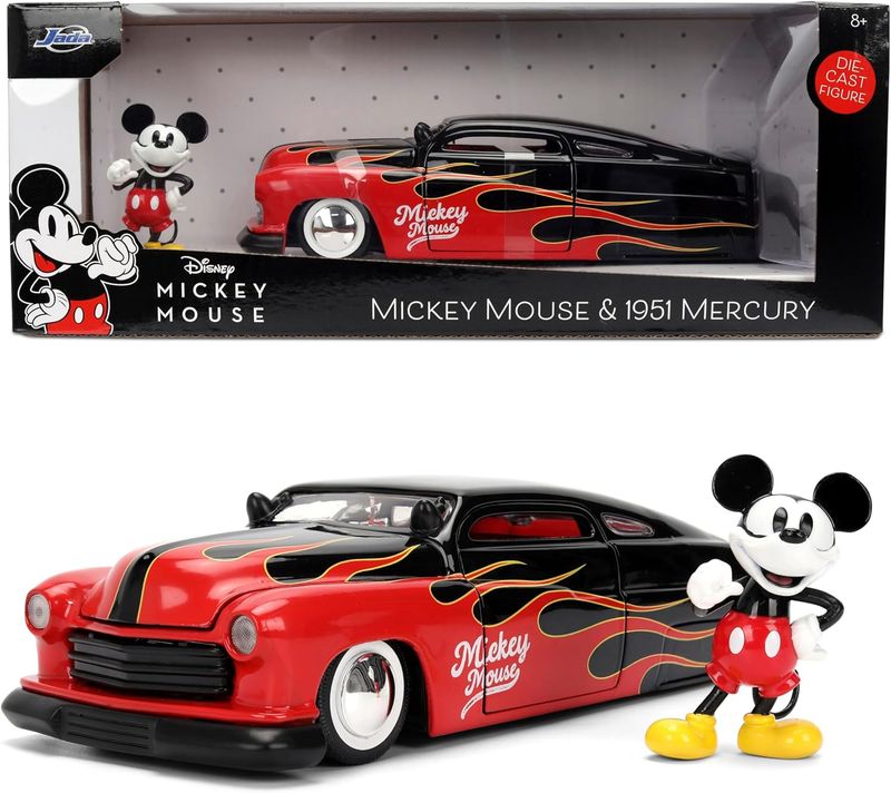 Jada Disney Vintage Mickey – Mercury 1951 – Hollywood Rides Die Cast Car Toys – Flame Design – Figurine Mickey – Édition Collector voiture