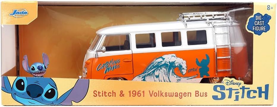 Jada Toys Stitch - Bus VW 1961 (19 cm) et figurine (5 cm) - Voiture miniature Volkswagen avec figurine à collectionner