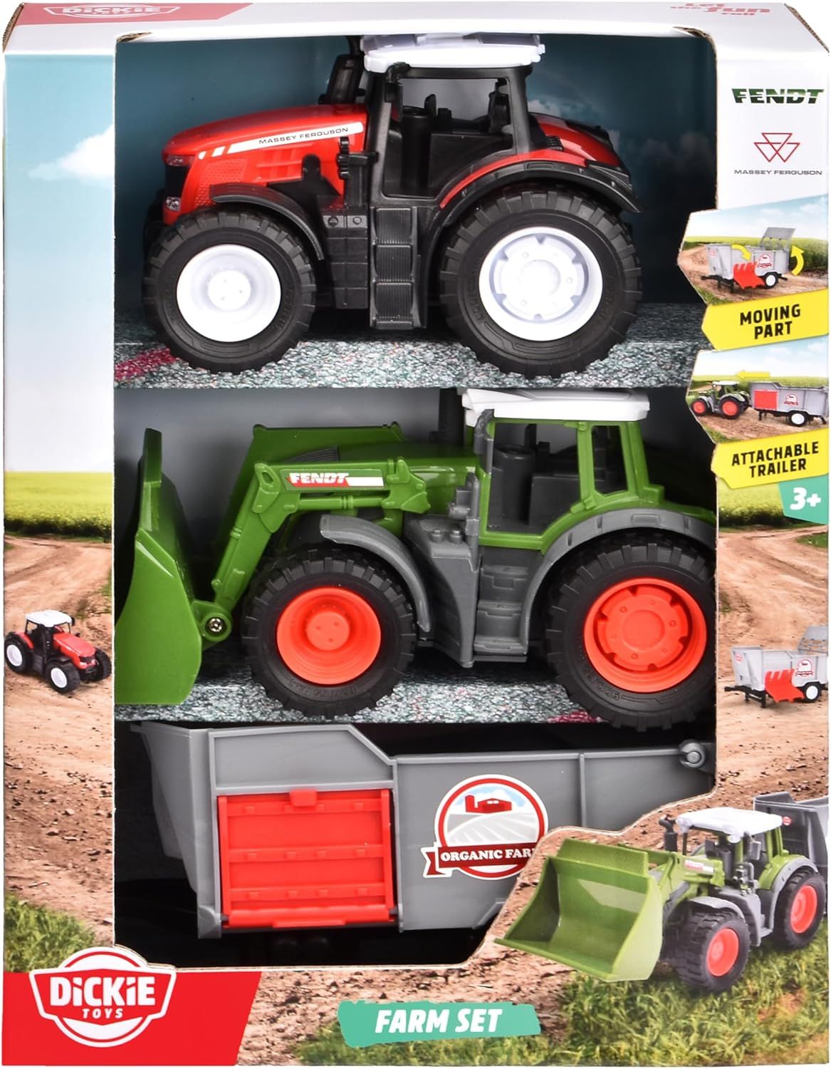 Dickie - Set de 3 Véhicules Ferme - 2 Tracteurs et 1 Remorque - sous Licence Officielle Fendt et Massey Fergusson - A Partir de 3 Ans