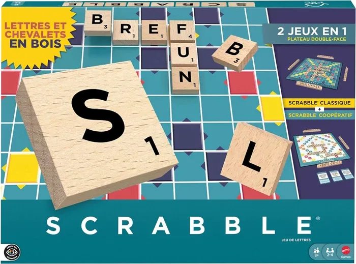 Scrabble Original bois 2 en 1, f dès 8 ans, 2-4 joueurs, avec une version coopérative