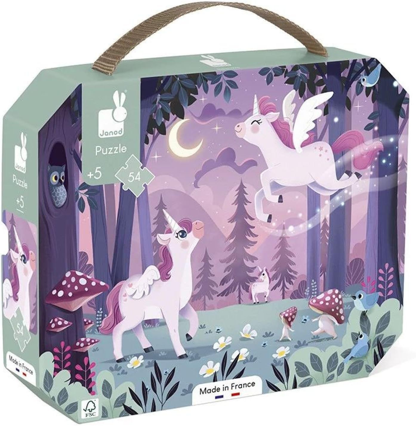 Janod - Puzzle 54 Pièces - Thème Licorne - Jeu Educatif Motricité Fine et Concentration - Valisette Poignée - Fabriqué en France - Certifié FSC - Encres Végétales - Dès 5 Ans