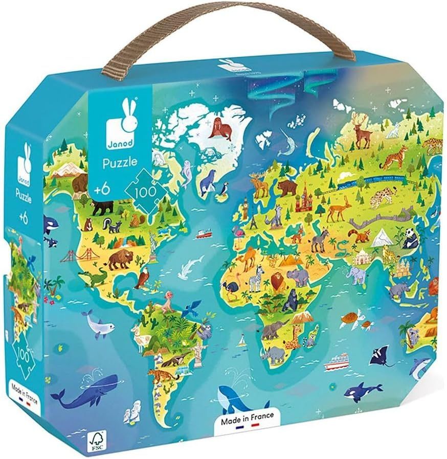 Janod - Puzzle Enfant Le Monde 100 Pièces - Jeu Educatif Motricité Fine et Concentration - Valisette Poignée - Fabriqué en France et Certifié FSC - Dès 6 Ans