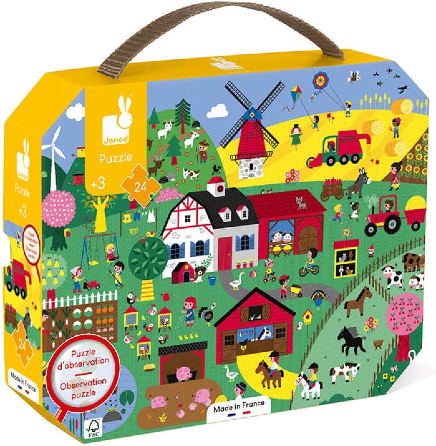 Janod - Puzzle d'Observation Enfant La Ferme 24 Pièces - Jeu Educatif Motricité Fine et Concentration - Valisette Poignée - Fabriqué en France - Certifié FSC - Encres Végétales - Dès 3 Ans