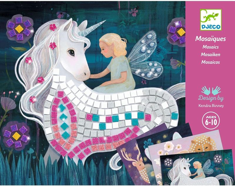 DJECO Jeu Créatif Mosaïque pour Enfants, 6 à 10 ans - Design Monde Enchanté (Licorne, Papillon )
