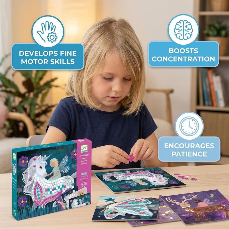 DJECO Jeu Créatif Mosaïque pour Enfants, 6 à 10 ans - Design Monde Enchanté (Licorne, Papillon )