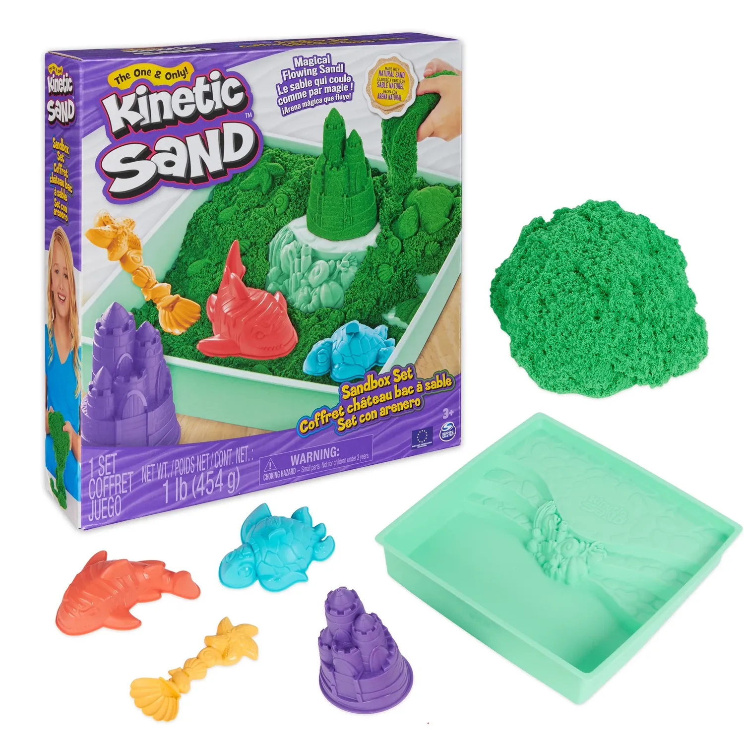 Kinetic Sand Box, coffret château bac à sable Vert 454 g, sable magique dès 3 ans