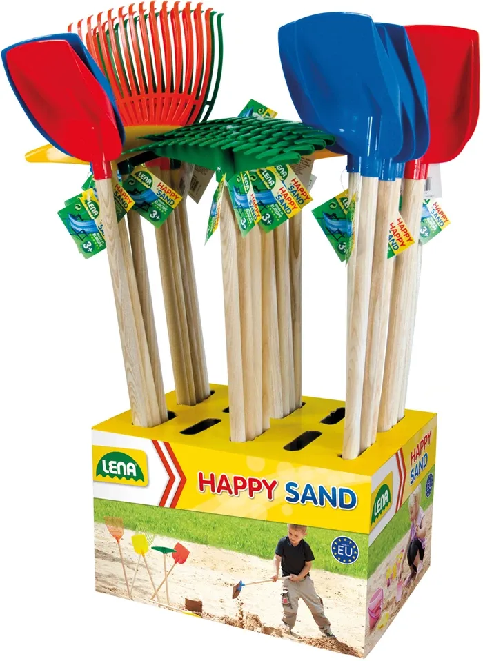 Outils de jardin assorti 3 modèles, 60 cm, manche en bois, dès 3 ans, pelle, râteau, en plastique résistant