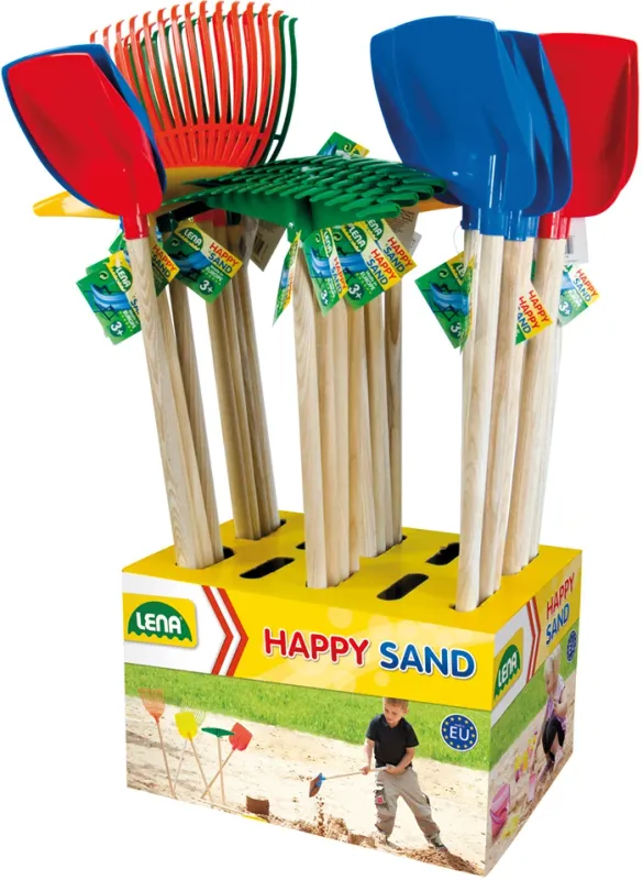 Outils de jardin assorti 3 modèles, 60 cm, manche en bois, dès 3 ans, pelle, râteau, en plastique résistant