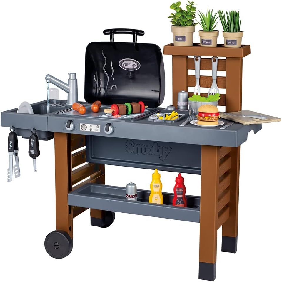 Smoby - Garden Kitchen - Cuisine d'Extérieur Evolutive - Style Barbecue - Grill avec Flammes Magiques Rétractables - 40 Accessoires - A Partir de 3 Ans - Fabrication Française